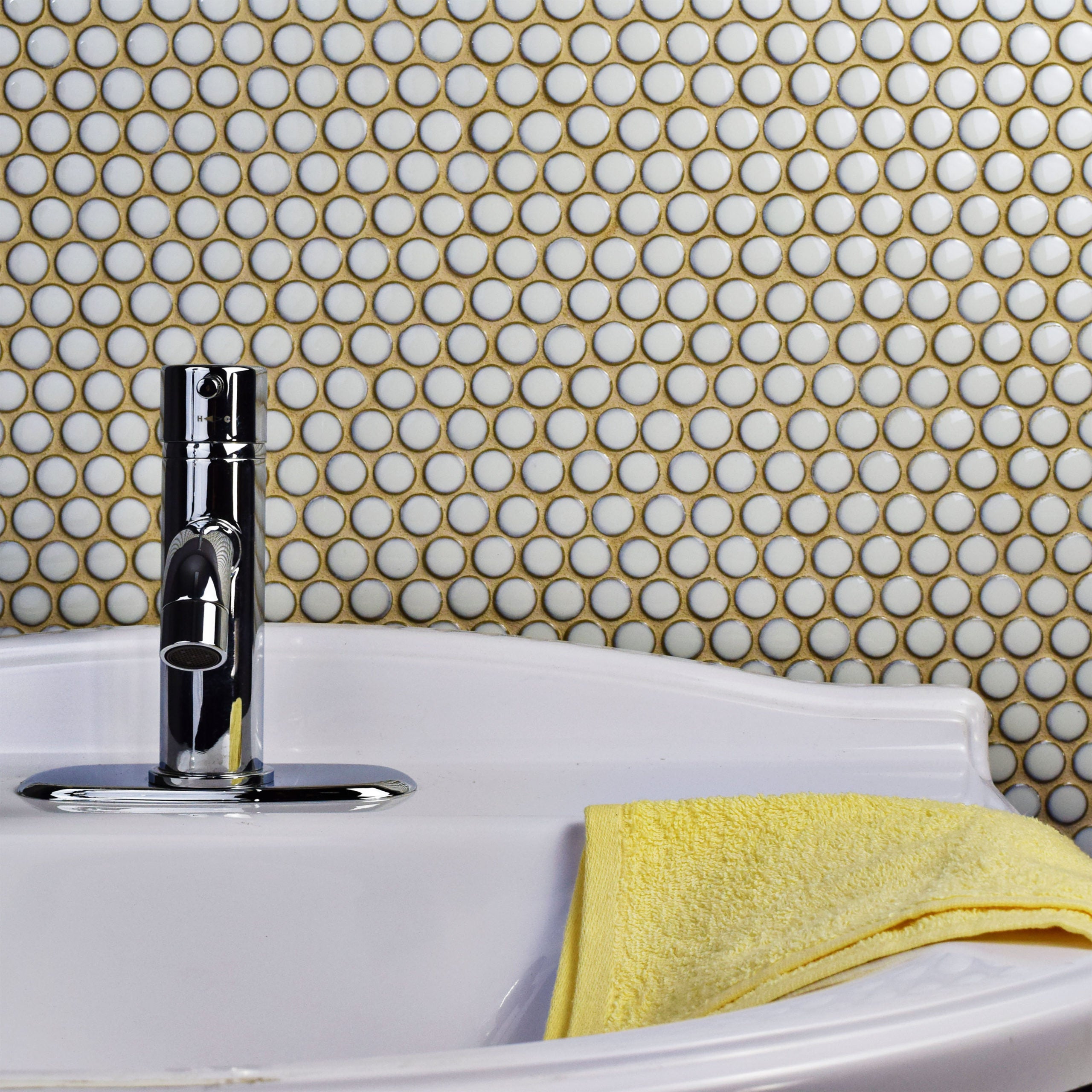 Shower with White Penny Tiles and White Grout - Transitional - Bathroom