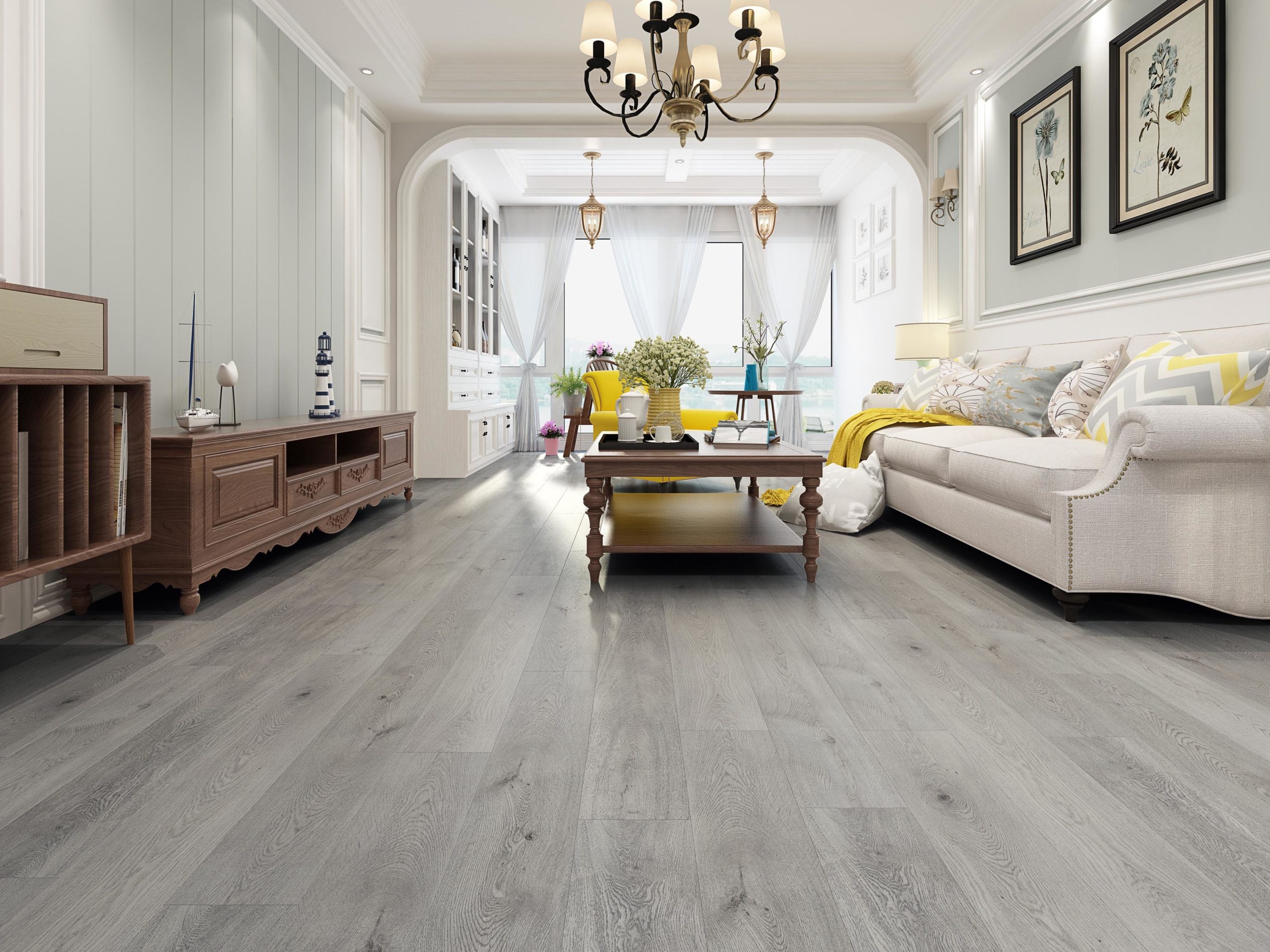 rooms with grey wood flooring