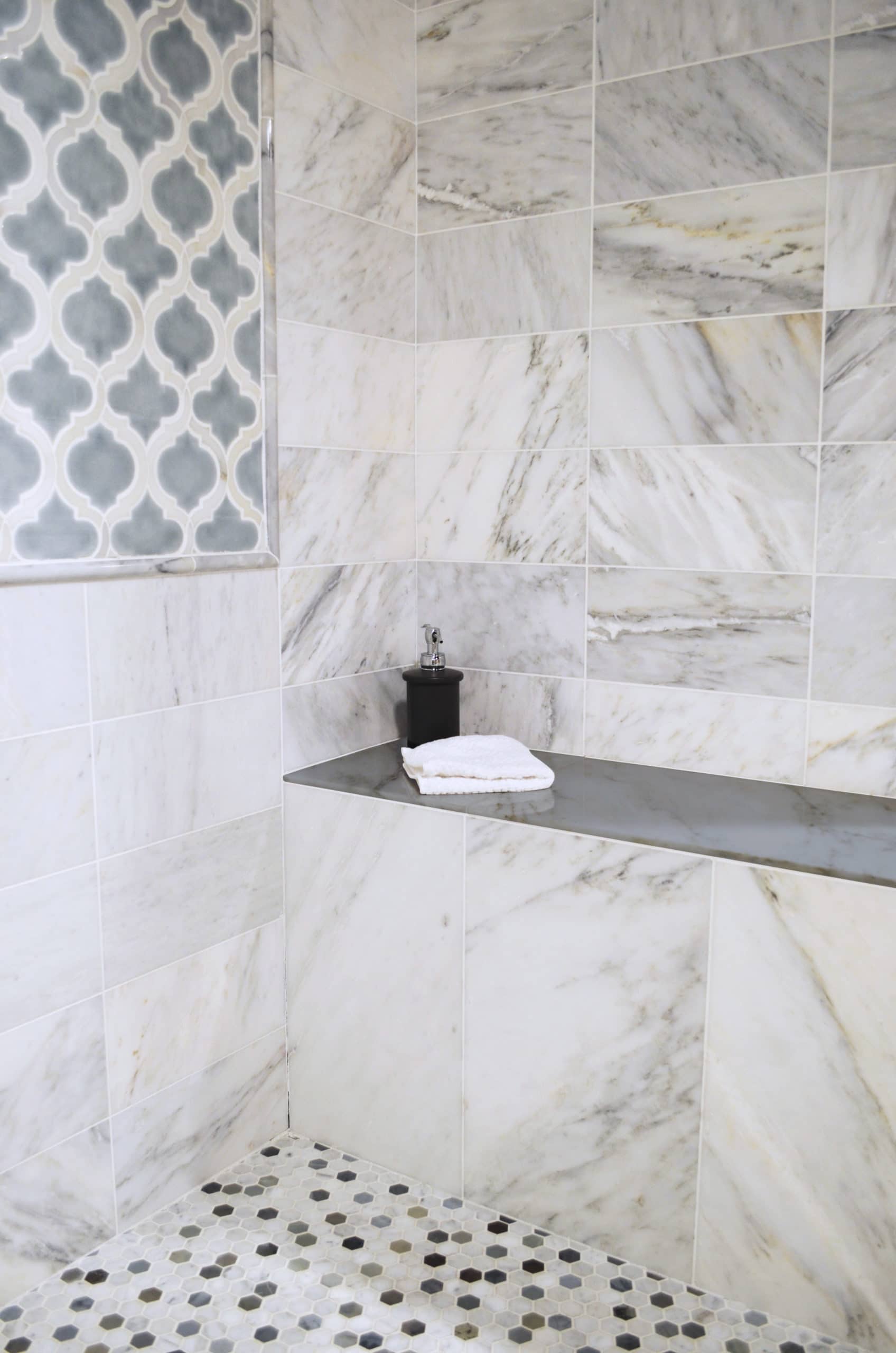 Shower with Marble Floating Shower Bench - Transitional - Bathroom